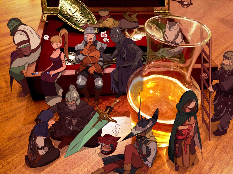 3girls, 6+boys, armor, beard, benhart_of_jugo, black_dress, black_pants, black_shirt, black_tunic, blacksmith_lenigrast, blonde_hair, blue_eyes, blue_hood, boots, brown_boots, brown_gloves, brown_hair, cale_the_cartographer, cat, chainmail, cloak, closed_eyes, closed_mouth, colored_skin, commentary_request, creighton_of_mirrah, dark_souls_(series), dark_souls_ii, disembodied_head, dress, emerald_herald, facial_hair, full_body, gloves, green_cloak, green_skin, grey_cat, grey_hair, hair_over_one_eye, head_of_vengral, helm, helmet, high_ponytail, hood, hood_up, hooded_cloak, ladder, laddersmith_gilligan, lucatiel_of_mirrah, maruco, maughlin_the_armorer, mild_mannered_pate, moonlight_greatsword, multiple_boys, multiple_girls, nose_bubble, open_mouth, pants, pauldrons, photo_background, ponytail, shield, shirt, short_hair, shoulder_armor, sitting, sleeveless, sleeveless_dress, smile, standing, stone_trader_chloanne, sweet_shalquoir, tunic, undead, zzz