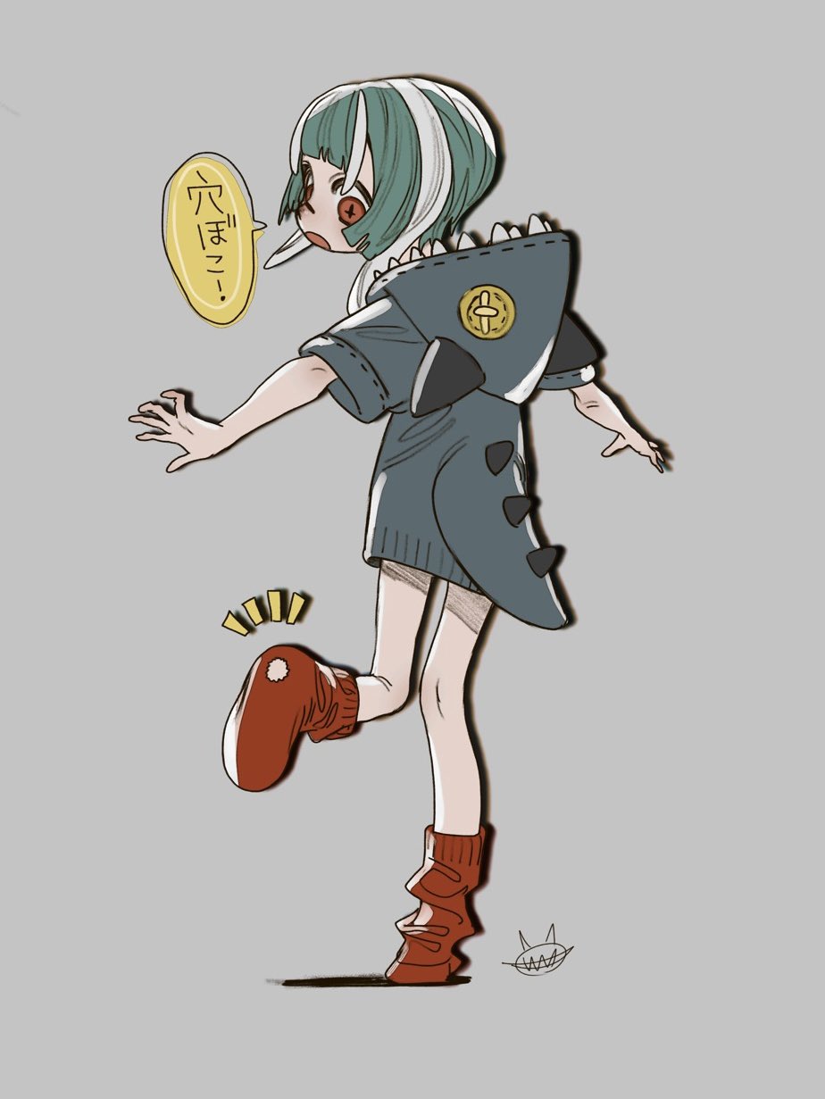 1girl, blue_hoodie, child, full_body, gachiakuta, green_hair, grey_background, guita_hebby_fantasia