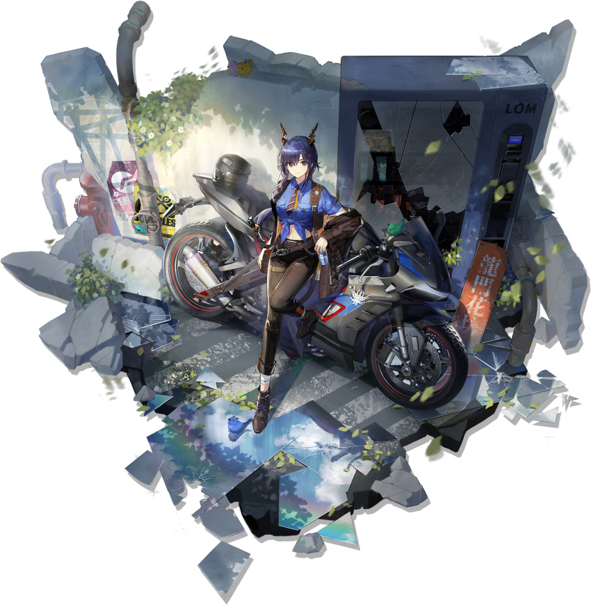 1girl, absurdres, arknights, black_pants, black_shoes, blue_hair, blue_jacket, blue_shirt