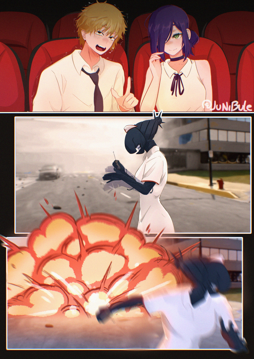 1boy, 2girls, absurdres, batman_(series), black_choker, black_gloves, black_necktie, black_ribbon