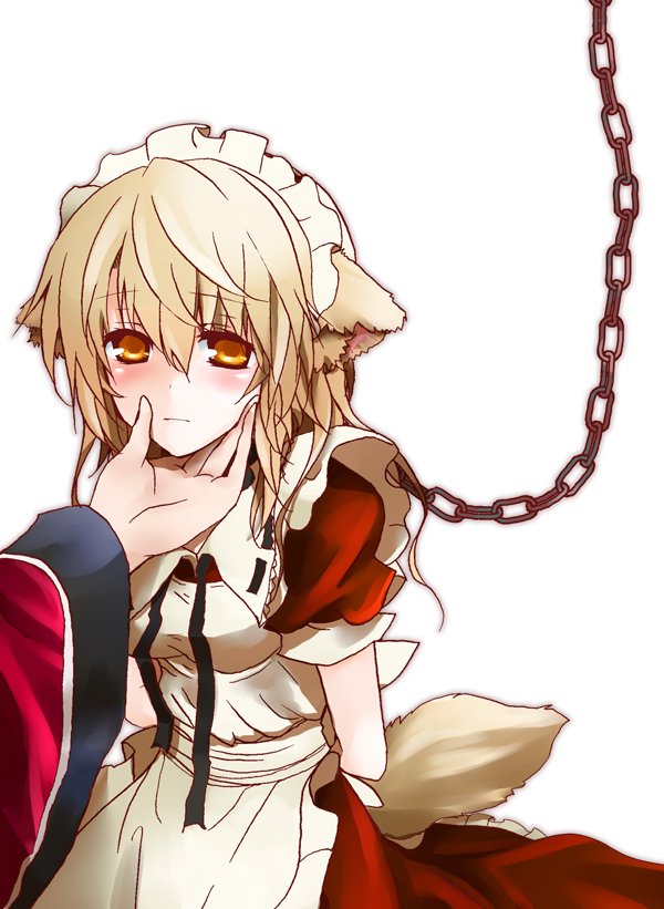 animal_ears, arms_behind_back, blonde_hair, blush, chain, chained, dog_ears, dog_tail