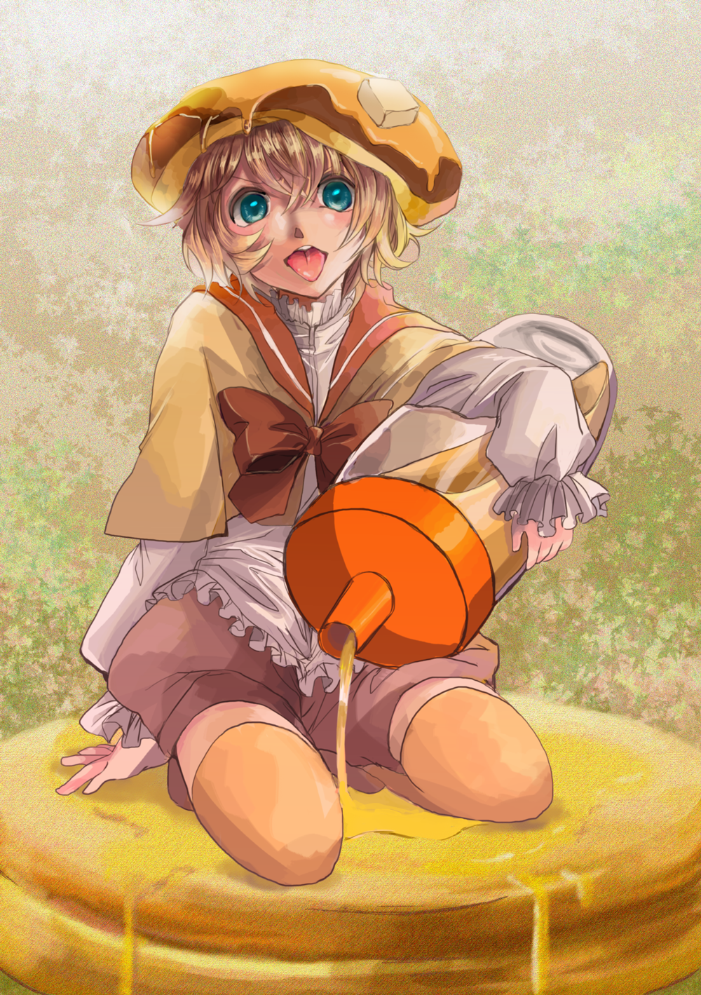 1girl, blush, brown_background, brown_hair, brown_hat, brown_jacket, brown_shorts, butter