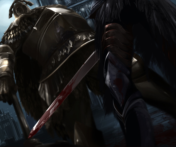 2boys, armor, armored_boots, blood, blood_on_weapon, boots, breastplate, chainmail, commentary_request, dark_souls_(series), dark_souls_ii, fume_knight, helm, helmet, holding, holding_sword, holding_weapon, knight, leaning_back, male_focus, multiple_boys, ooshima_(toddy), sword, velstadt_the_royal_aegis, weapon