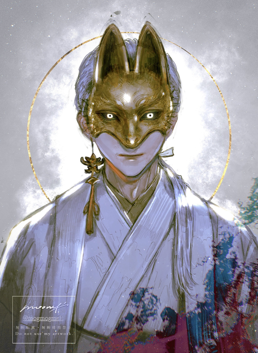 1boy, absurdres, black_sclera, closed_mouth, colored_sclera, earrings, fox_mask, fox_mask_(silent_hill)