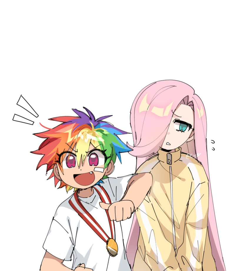 2girls, :d, antenna_hair, aqua_eyes, bare_arms, blonde_hair, blue_hair, chestnut_mouth