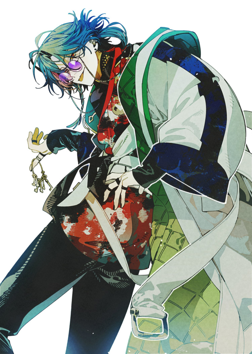 1boy, black_pants, blue_hair, coat, earrings, hand_on_own_hip, highres, holding
