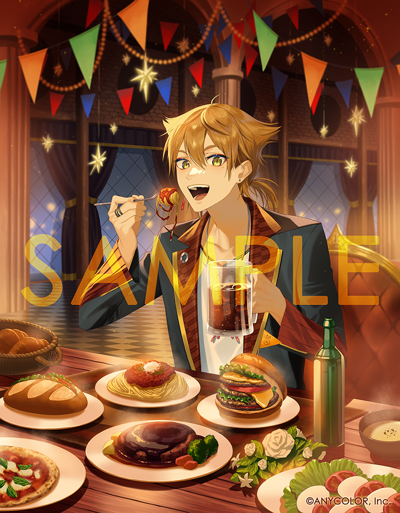 1boy, :d, banner, basket, bottle, bowl, brown_hair, burger, caprese_salad, chair, commentary_request, company_name, copyright_notice, cup, curtains, dolustoy, drink, flower, food, fork, fushimi_gaku, fushimi_gaku_(1st_costume), hair_between_eyes, hamburger_steak, holding, holding_cup, holding_fork, jacket, jewelry, leaf, looking_at_viewer, male_focus, mozzarella_(cheese), multiple_rings, nijisanji, official_art, open_clothes, open_jacket, open_mouth, pasta, pizza, ponytail, ring, sample_watermark, shirt, short_ponytail, smile, solo, spaghetti, teeth, tomato, tomato_slice, tongue, virtual_youtuber, watermark, white_flower, white_shirt, window, yellow_eyes