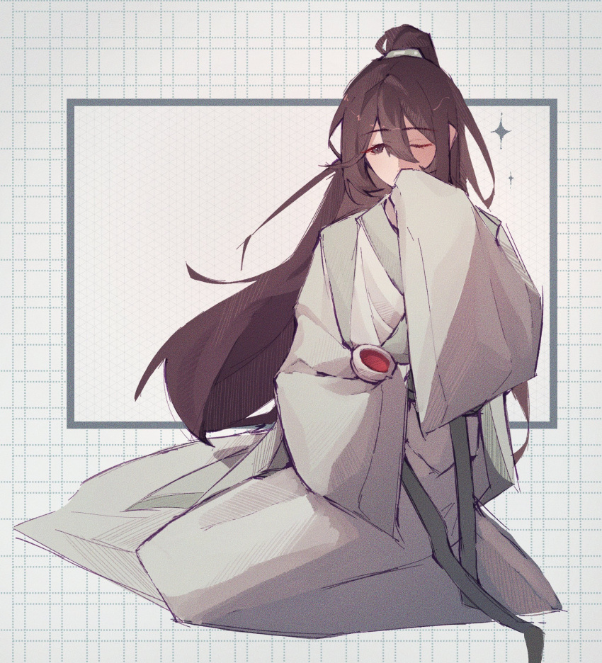 1boy, black_eyes, black_hair, chinese_clothes, cup, full_body, hanfu, high_ponytail
