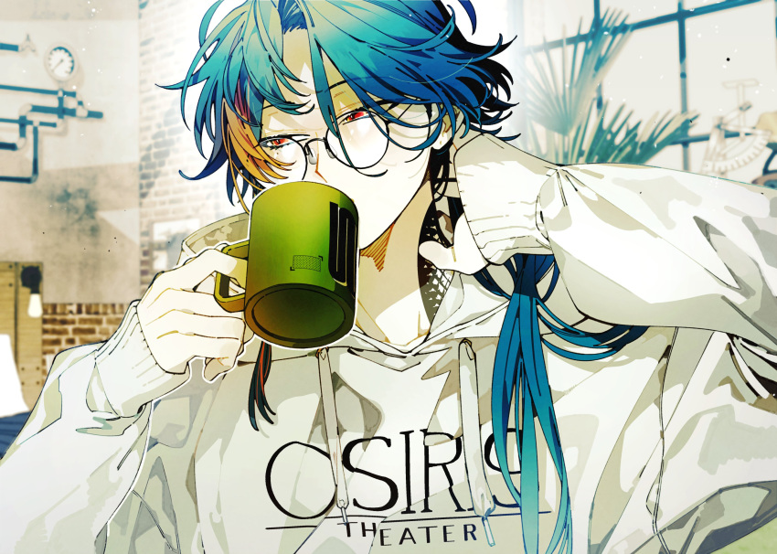 1boy, blurry, blurry_background, clothes_writing, cup, drawstring, drinking, glasses