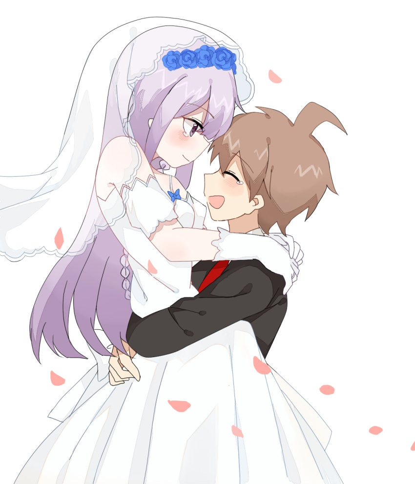 1boy, 1girl, ahoge, black_jacket, blue_flower, blush, braid, breasts, bridal_veil, bride, brown_hair, carrying, carrying_against_hip, carrying_person, closed_eyes, closed_mouth, cosplay, crying, danganronpa:_trigger_happy_havoc, danganronpa_(series), dress, elbow_gloves, flower, gloves, groom, hair_flower, hair_ornament, hands_on_another's_hips, hands_on_another's_shoulders, happy, highres, jacket, jewelry, kirigiri_kyoko, kirigiri_kyoko_(cosplay), long_hair, looking_at_another, lukilukiko, naegi_makoto, necktie, open_mouth, petals, purple_hair, ring, rose_petals, shirt, short_hair, side_braid, small_breasts, smile, tearing_up, tears, tiara, tuxedo, veil, violet_eyes, wedding, wedding_dress, wedding_ring, white_background, white_dress, white_gloves