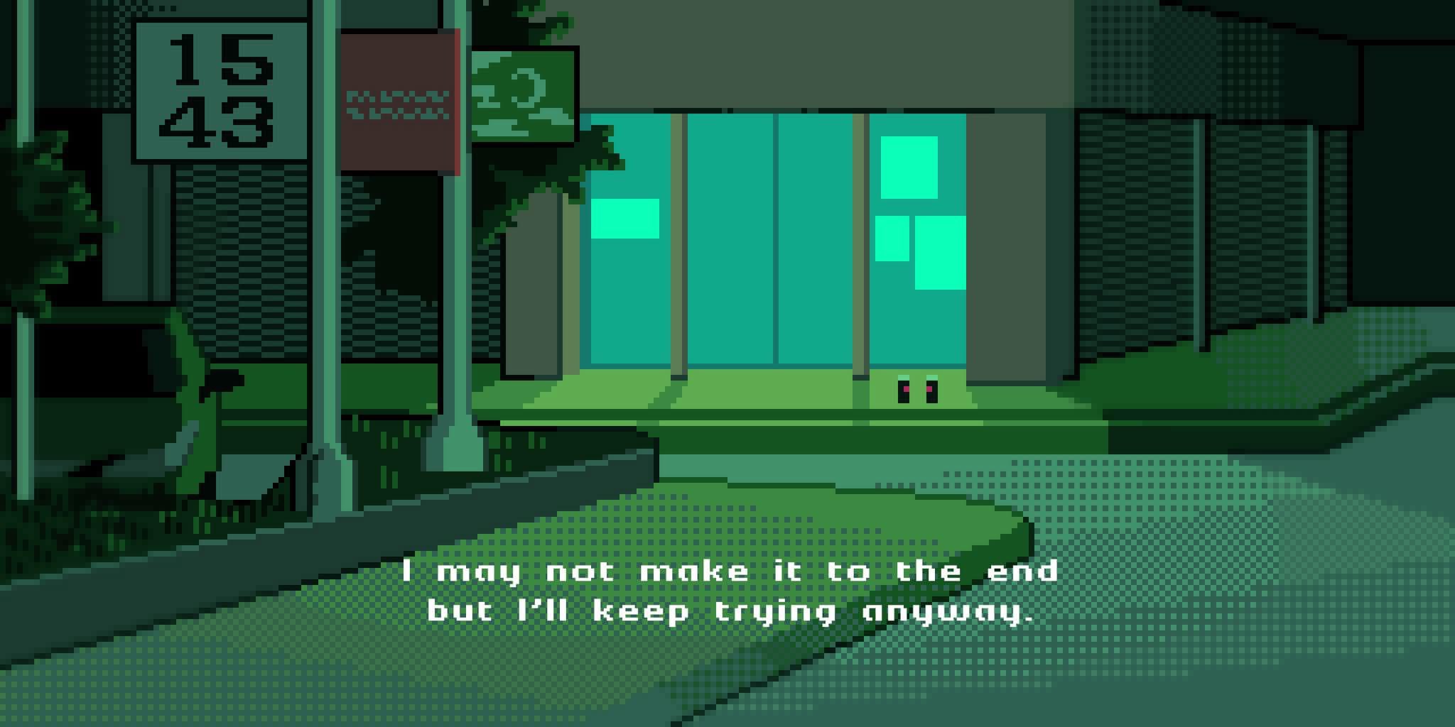 ben-day_dots, building, dithering, english_text, green_theme, hashtag-only_commentary, highres, motor_vehicle, night, no_humans, onlypixeeels, original, outdoors, pixel_art, road, scenery, screentones, sign, street, truck, window_light