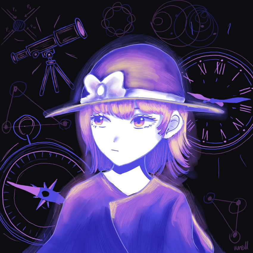 1girl, artist_name, black_background, black_capelet, black_hat, bow, brown_eyes, brown_hair