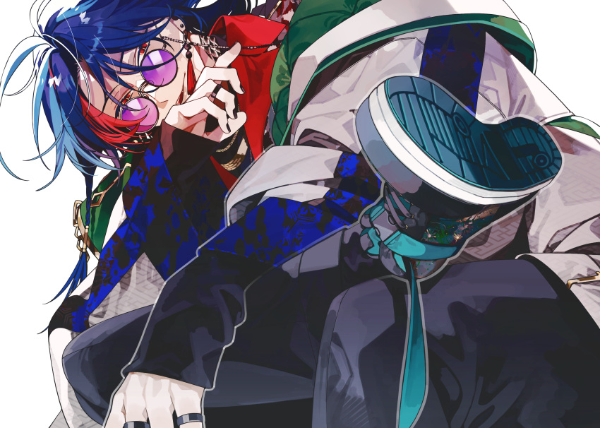 1boy, black_pants, black_shirt, blue_hair, coat, earrings, figure_four_sitting, highres