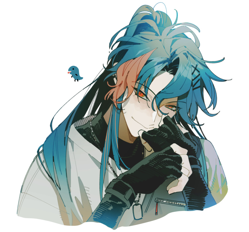 1boy, black_gloves, black_shirt, closed_mouth, fingerless_gloves, gloves, hair_ornament, hairclip