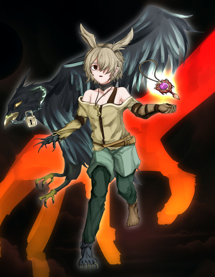 1girl, animal_ears, baggy_clothes, bare_shoulders, barefoot, behind_another, belt, bird, black_background, black_choker, blonde_hair, bra, breasts, brown_belt, brown_bra, brown_eyes, brown_gloves, brown_shirt, brown_sports_bra, chain, chain_necklace, choker, droll&amp;lock_bird, duel_monster, facing_viewer, falcon, falconry, falconry_glove, flat_chest, flying, gloves, glowing, green_leggings, green_shorts, hair_over_one_eye, highres, jewelry, key, key_necklace, la_papesse, leggings, lock, looking_to_the_side, missing_limb, necklace, off-shoulder_shirt, off_shoulder, outstretched_arm, pendant, rabbit_ears, shirt, shorts, small_breasts, sports_bra, spread_wings, torn_clothes, torn_shirt, two-tone_background, underwear, yu-gi-oh!
