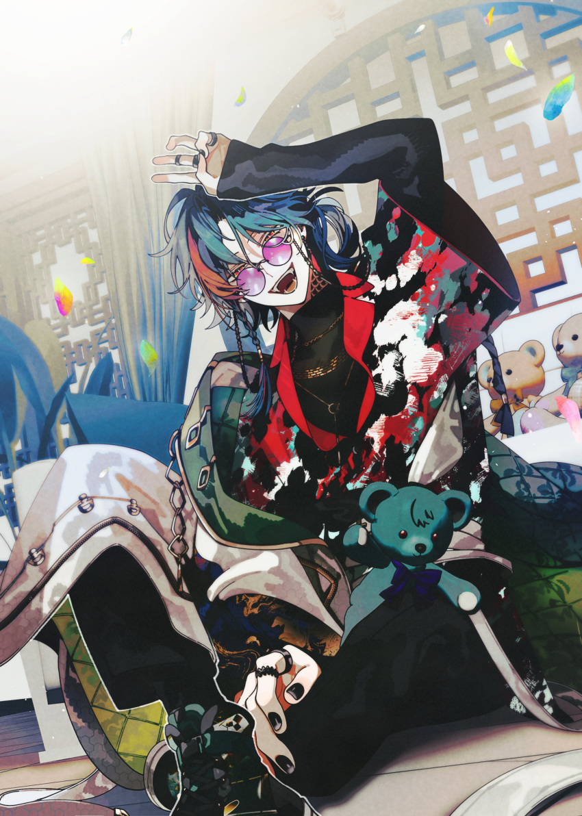 1boy, absurdres, black_pants, black_shirt, blue_hair, blurry, blurry_background, coat