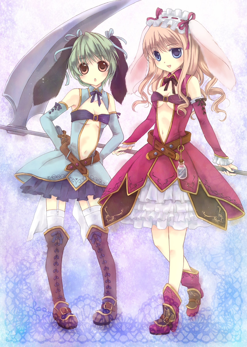 belt, blush, boots, dress, frills, garter_belt, gothic_lolita, highres, keiko220, lolita_fashion, multiple_girls, original, scythe, thigh-highs, thigh_boots, thighhighs