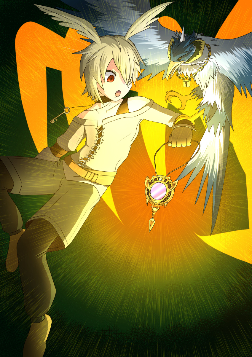 1girl, :o, absurdres, androgynous, animal_ears, bare_shoulders, barefoot, bird