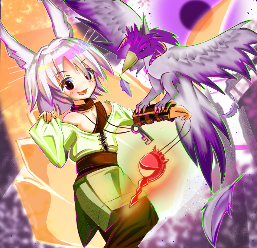 1girl, animal_ears, asuhanokami2018, baggy_clothes, bare_shoulders, belt, bird, blurry, blurry_background, bra, brown_belt, brown_bra, brown_choker, brown_eyes, brown_pants, choker, dappled_sunlight, droll&amp;lock_bird, duel_monster, eclipse, facing_another, facing_to_the_side, falconry, falconry_glove, feathers, glowing, green_shirt, highres, holding, holding_jewelry, holding_key, holding_necklace, jewelry, key, key_necklace, lace-trimmed_shirt, lace_trim, light_blush, long_sleeves, looking_at_viewer, moon, necklace, off-shoulder_shirt, off_shoulder, orange_sky, outdoors, pants, rabbit_ears, shirt, sky, sleeves_past_wrists, smile, solar_eclipse, spread_wings, sunlight, underwear, white_hair, yu-gi-oh!