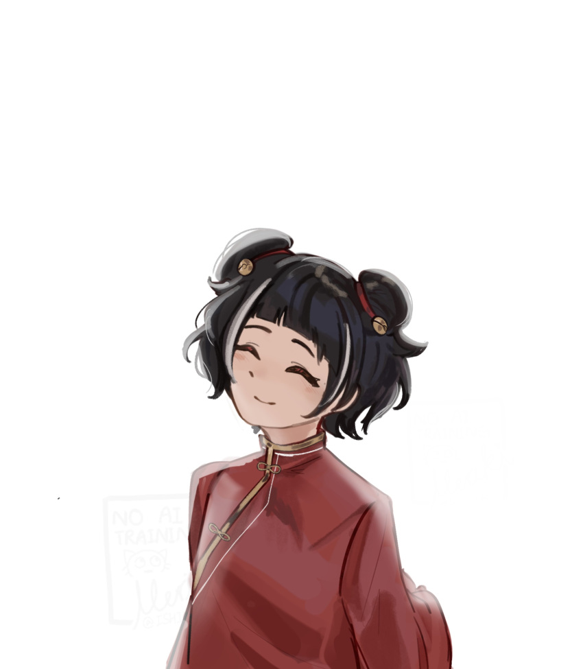 1girl, absurdres, aged_down, bell, black_hair, chinese_clothes, closed_eyes, double_bun, dress, hair_bell, hair_bun, hair_ornament, highres, ishid0ru, jia_xichun_(project_moon), limbus_company, looking_at_viewer, multicolored_hair, project_moon, red_dress, simple_background, solo, standing, streaked_hair, upper_body, white_background, white_streaks
