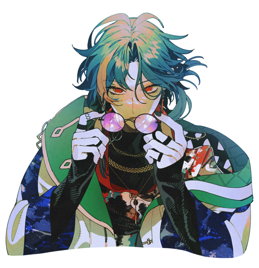 1boy, black_shirt, coat, highres, holding, holding_removed_eyewear, jewelry, kaisei_(1st_costume)_(nijisanji)