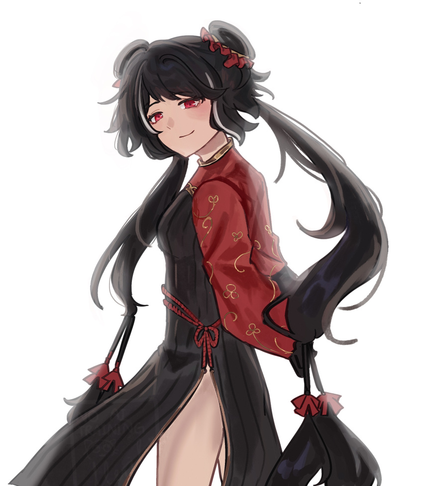 1girl, absurdres, black_dress, black_hair, chinese_clothes, double_bun, dress, hair_bun