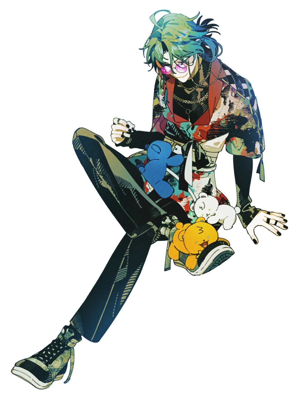 1boy, belt, black_pants, black_shirt, closed_eyes, closed_mouth, figure_four_sitting, full_body