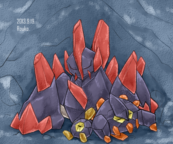 artist_name, boldore, cave_interior, closed_eyes, commentary_request, dated, evolutionary_line, gigalith