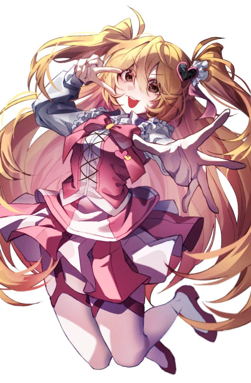 1girl, :d, blonde_hair, bow, bowtie, brown_eyes, don_quixote_(project_moon), e.g.o_(project_moon), full_body, hair_ornament, heart, heart_hair_ornament, highres, ideal_u_u, in_the_name_of_love_and_hate_(e.g.o), limbus_company, lobotomy_corporation_(identity)_(project_moon), long_hair, long_sleeves, looking_at_viewer, open_mouth, pink_bow, pink_bowtie, pink_garter_straps, pink_shoes, pink_skirt, pink_vest, project_moon, shoes, simple_background, skirt, smile, solo, standing, two_side_up, v, vest, white_background