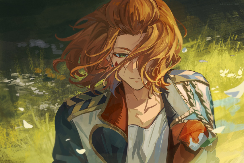 1boy, bangs_pinned_back, cater_diamond, earrings, falling_petals, floating_hair, flower, grass