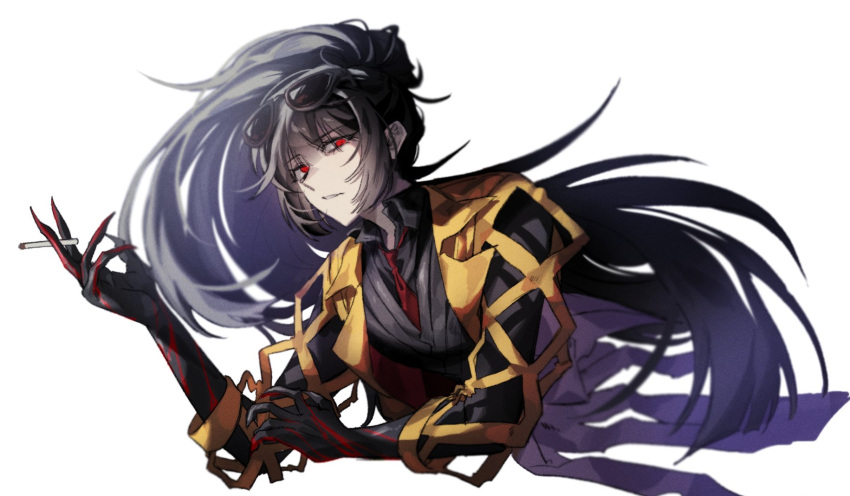 1girl, black_gloves, black_hair, black_shirt, black_vest, blood_on_gloves, cigarette, coat, collared_shirt, contempt_awe_(e.g.o), e.g.o_(project_moon), eyewear_on_head, gloves, high_ponytail, highres, ideal_u_u, limbus_company, long_hair, looking_at_viewer, n_corp._e.g.o_(identity)_(project_moon), necktie, ponytail, project_moon, red_eyes, red_necktie, ryoshu_(project_moon), shirt, simple_background, smoking, solo, sunglasses, upper_body, vest, white_background, yellow_coat