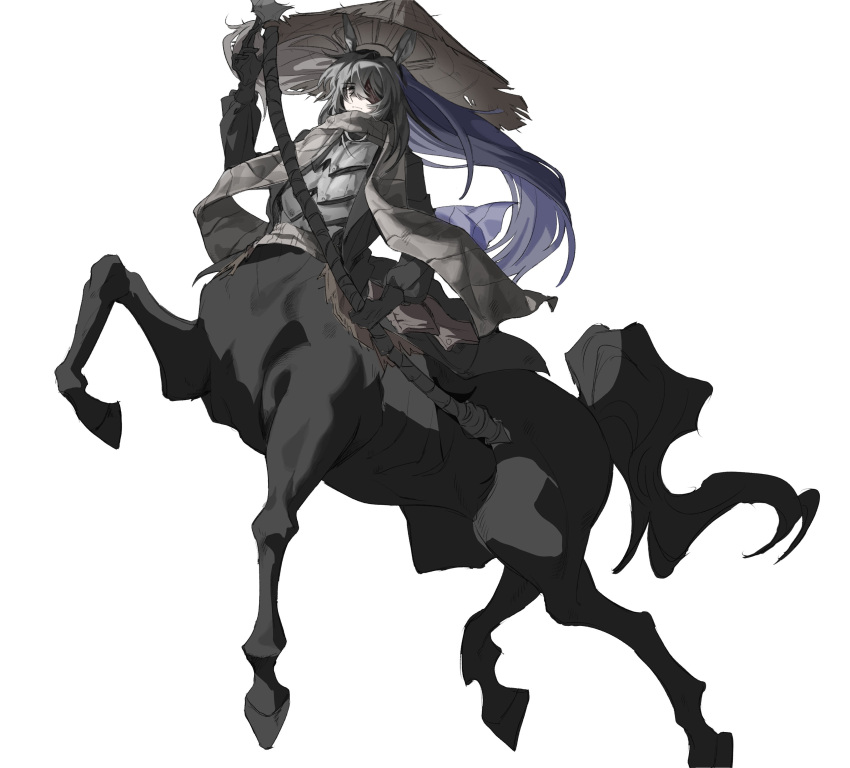 1boy, absurdres, animal_ears, armor, bandage_over_one_eye, black_eyes, black_hair, centaur
