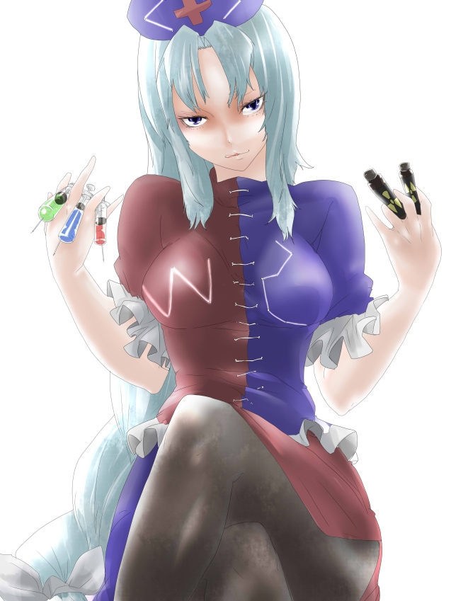 bad_id, black_legwear, blue_eyes, breasts, crossed_legs, grin, hat, legs_crossed