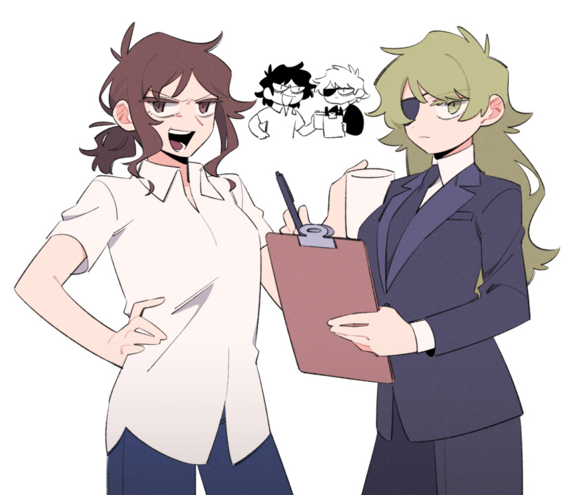 2boys, 2girls, :d, antenna_hair, black_jacket, black_mouth, black_necktie, black_pants