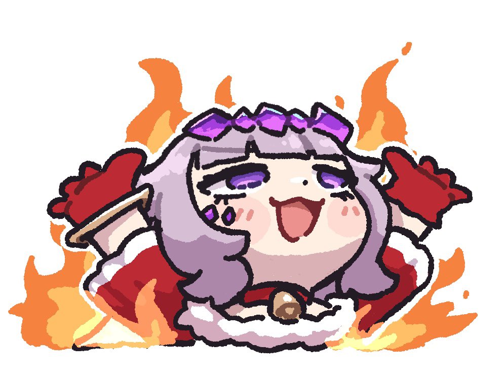1girl, arms_up, bell, choker, fire, gem, gloves, hololive, hololive_english, jewel_under_eye, koseki_bijou, miica_(toastblender), neck_bell, open_mouth, purple_gemstone, red_choker, red_gloves, simple_background, solo, violet_eyes, virtual_youtuber, white_background