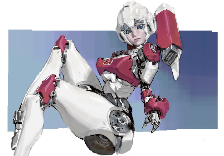 1girl, arcee, autobot, blue_eyes, breasts, guideoflothric1, highres, looking_at_viewer, mecha, robot, robot_girl, science_fiction, simple_background, smile, solo, transformers, transformers:_generation_1