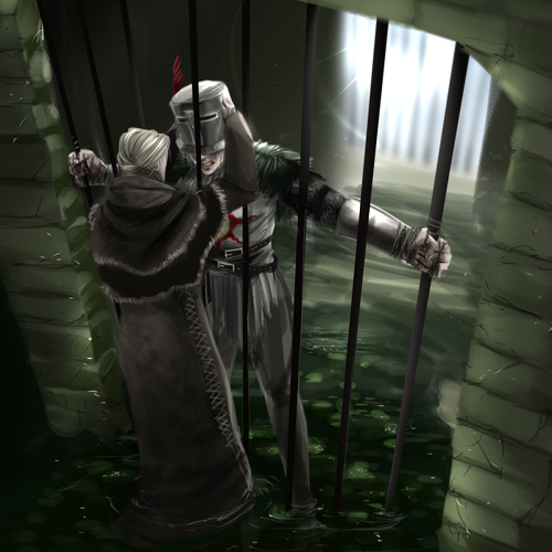 1boy, 1girl, anastacia_of_astora, blonde_hair, commentary_request, dark_souls_(series), dark_souls_i, dress