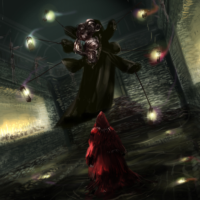 1boy, 1other, black_robe, chosen_undead, commentary_request, dark_souls_(series), dark_souls_i, fire