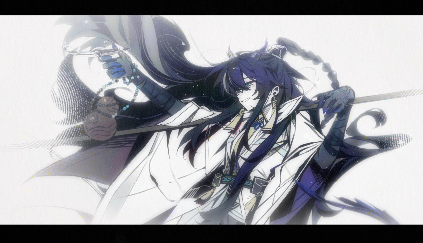 1boy, 66167e3d, arknights, beads, black_border, black_eyes, black_gloves, black_hair