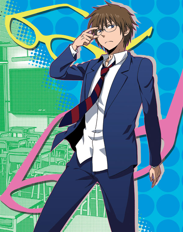 1boy, adjusting_eyewear, anime_coloring, arm_at_side, arm_up, blue_eyes, blue_jacket, blue_necktie