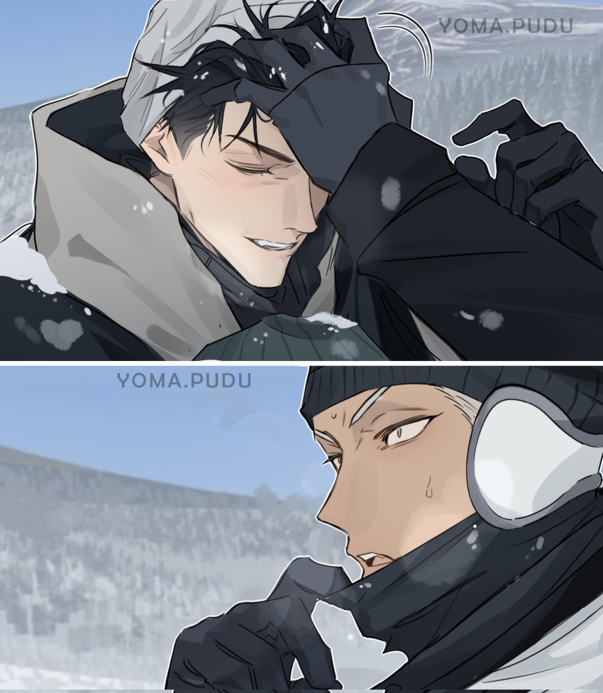 19_tian, 2boys, artist_name, black_gloves, black_hair, closed_eyes, commentary_request, corrupted_twitter_file