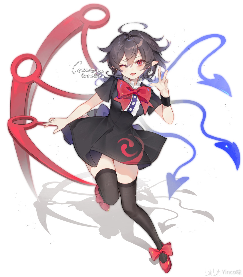 1girl, absurdres, ahoge, asymmetrical_wings, black_dress, black_hair, black_thighhighs, commission, dress, full_body, hair_over_one_eye, highres, houjuu_nue, pointy_ears, red_eyes, red_shoes, shoes, short_hair, smile, solo, thigh-highs, touhou, white_background, wings, yinco