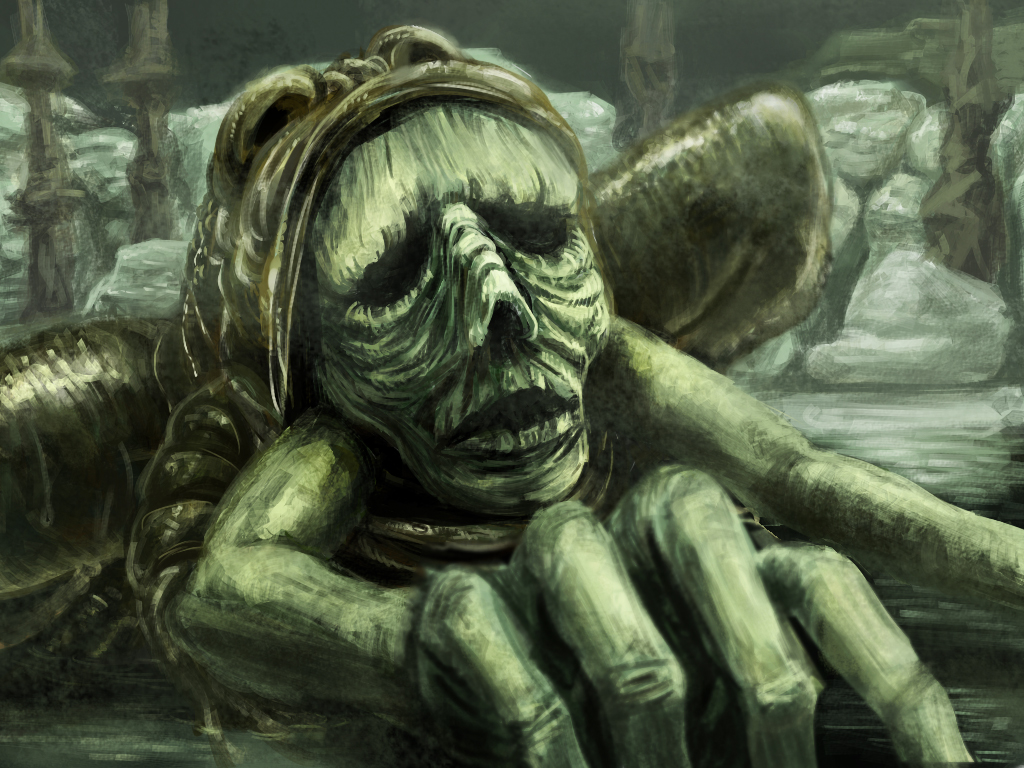 boulder, commentary_request, dark_souls_(series), dark_souls_ii, demon, demon_of_song, frog, full_body, green_theme, kurotake_ihi, monster, no_humans, water