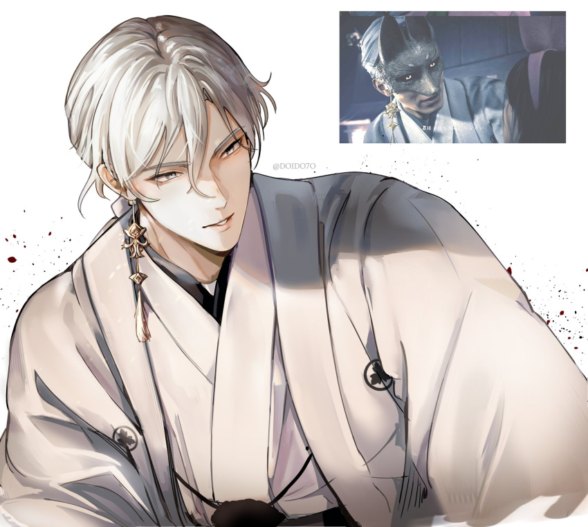 1boy, black_sclera, colored_sclera, doido7o, earrings, fox_mask_(silent_hill), highres, japanese_clothes