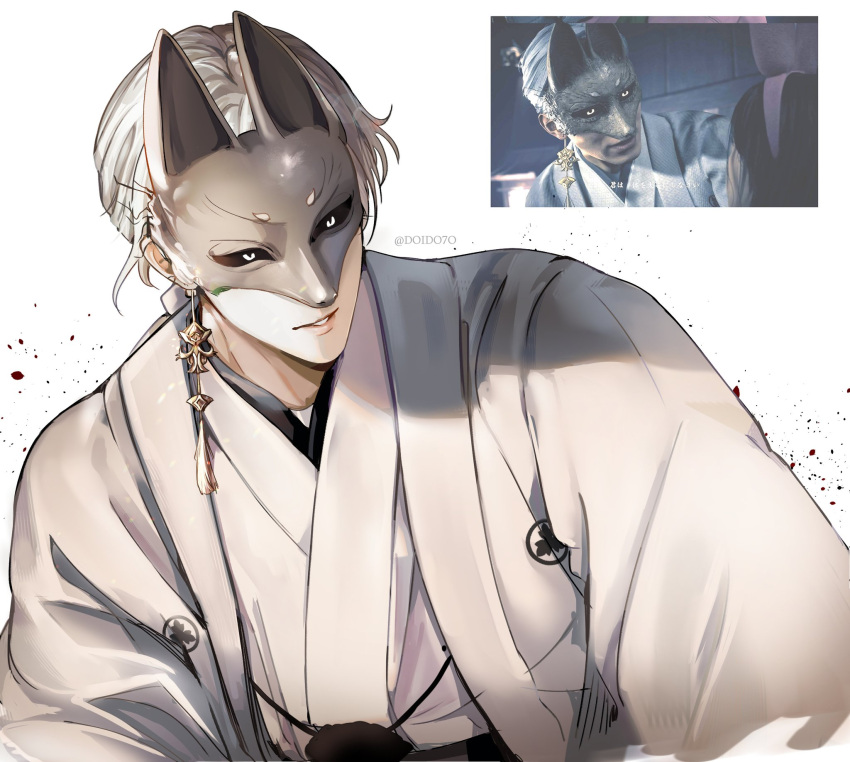1boy, black_sclera, colored_sclera, doido7o, earrings, fox_mask, fox_mask_(silent_hill), highres, japanese_clothes, jewelry, kimono, male_focus, mask, photo-referenced, robe, silent_hill_(series), silent_hill_f, tassel, tassel_earrings, white_hair, white_kimono, white_robe