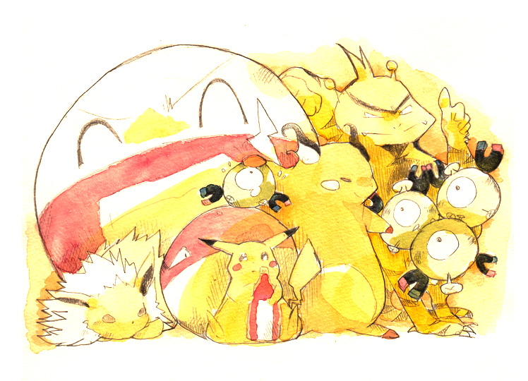 electabuzz, electrode, electrode_(pokemon), flying_sweatdrops, hosipoke, jolteon, ketchup_bottle, magnemite