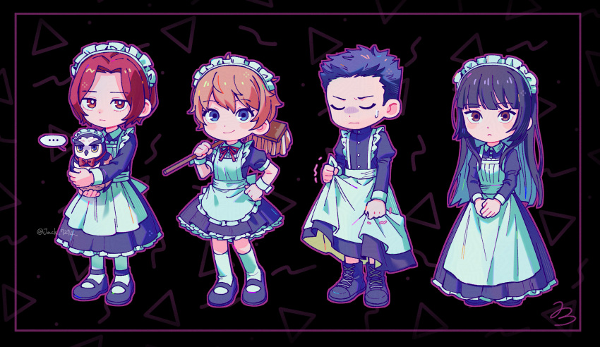 ..., 2boys, 2girls, :<, alternate_costume, animal, annoyed, apron