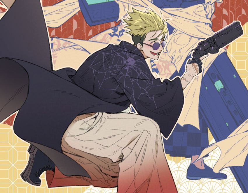 2boys, black_boots, black_coat, black_hair, blonde_hair, boots, closed_eyes, coat