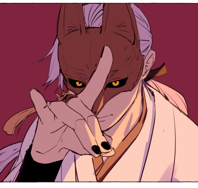1boy, black_nails, fox_mask, fox_mask_(silent_hill), low_ponytail, male_focus, mask, ponytail