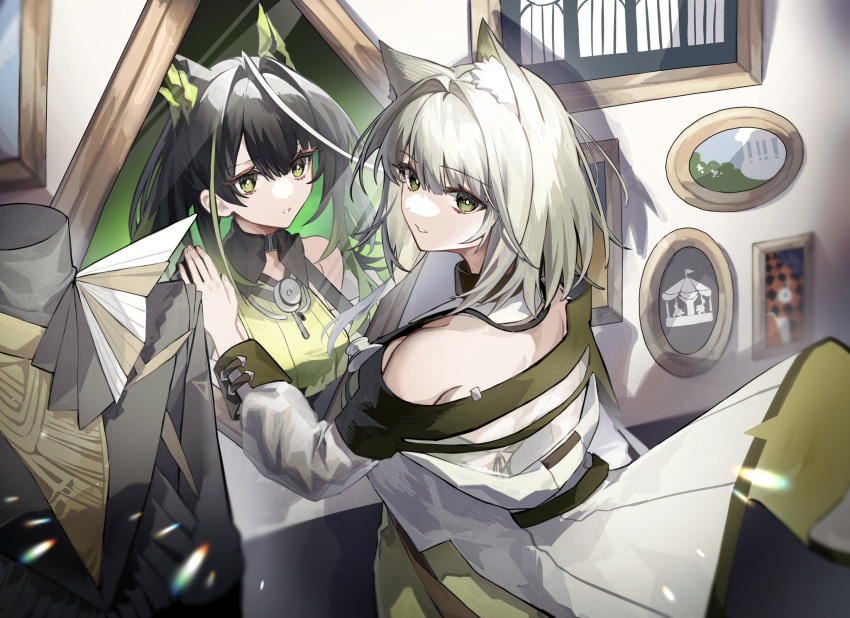 2girls, ahoge, animal_ear_fluff, animal_ears, arknights, bare_shoulders, black_collar, black_hair